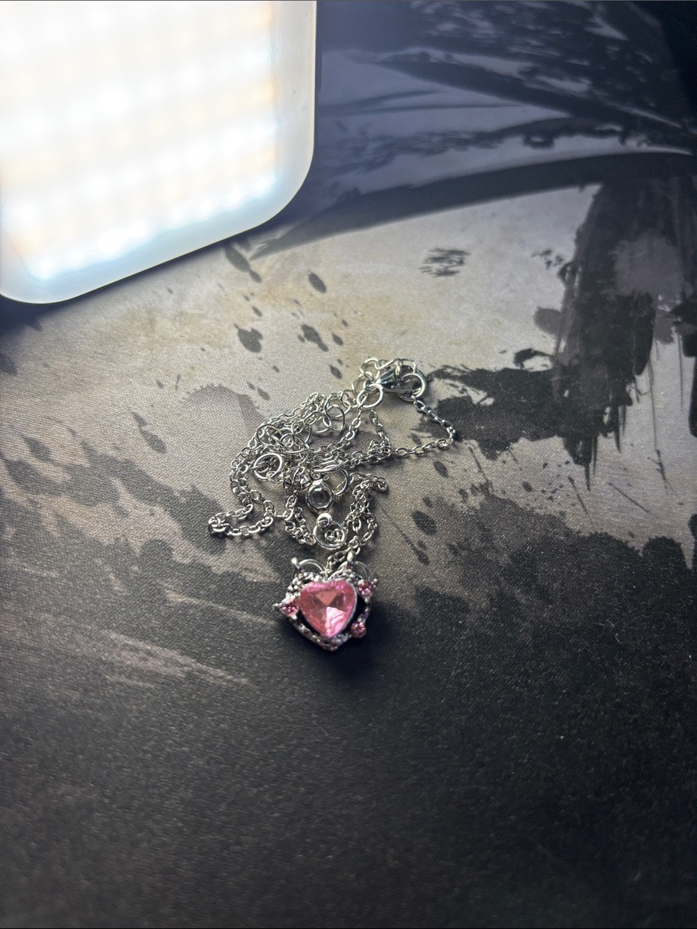 Silver Heart Pendant Necklace with Pink Gem